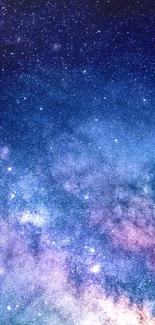 Vibrant blue and purple galaxy wallpaper with a starry sky.