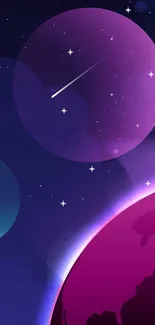 Vibrant magenta and purple galaxy wallpaper featuring stars and a planet.