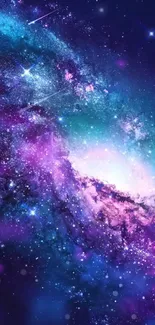 Colorful galaxy wallpaper with purple and blue nebulae and stars.