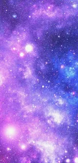 Purple and blue galaxy wallpaper with stars and cosmic clouds.