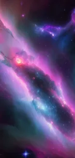 Colorful galaxy wallpaper with vibrant purple and pink hues dominating the scene.