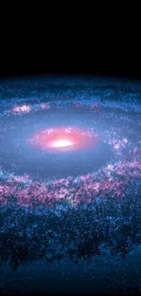 Vibrant galaxy wallpaper with blue and pink hues on a black background.