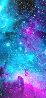 Vibrant galaxy wallpaper with teal blue and pink hues.