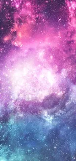 Vibrant galaxy wallpaper with purple hues and starry sky.