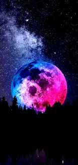 Colorful moon and galaxy night sky wallpaper.