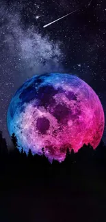 Vibrant galaxy wallpaper with a colorful moon and starry sky.