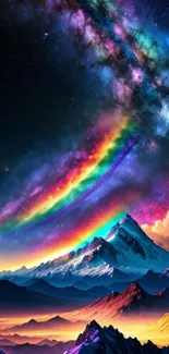 Colorful galaxy arching over snowy mountain peaks with vibrant sky.