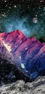 Colorful galaxy over mountain peaks wallpaper with stars and moon.