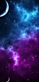 Vibrant galaxy nebula wallpaper featuring blues and purples.