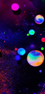 Vibrant galaxy wallpaper with neon spheres on a dark background.