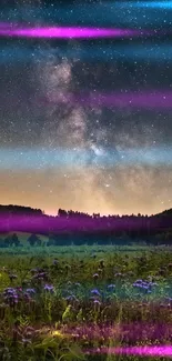 Vibrant galaxy night sky with neon hues and starry view above a field.