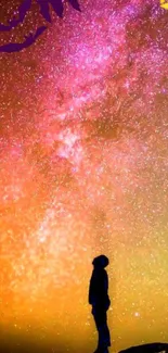 Silhouette beneath vibrant galaxy night sky wallpaper.