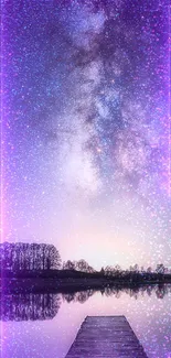 Purple galaxy nightscape with stars and tranquil lake reflection.