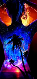 Artistic wallpaper with cosmic colors and palm tree silhouettes.