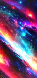 Vibrant galaxy wallpaper with colorful nebulae and cosmic scenery for mobile screens.