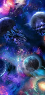 Vibrant galaxy wallpaper with planets and colorful nebulas in space.