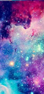 Colorful galaxy wallpaper with purple, blue, and pink cosmic swirls.