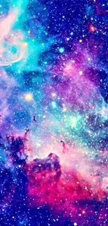 Vibrant galaxy mobile wallpaper with stars and nebulae in blues and purples.