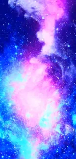 Vibrant galaxy-themed wallpaper with blue and pink cosmic elements and stars.