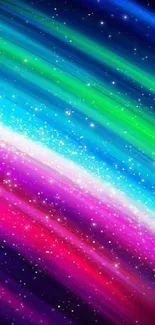 Vibrant galaxy wallpaper with colorful streaks and starry night sky.