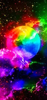 Vibrant galaxy wallpaper with rainbow hues and nebula clouds, perfect for phones.