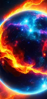 Vibrant galaxy planet with fiery and neon colors in space wallpaper.