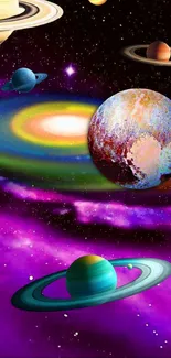 Vibrant galaxy with colorful planets in a cosmic scene.