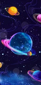 Vibrant galaxy wallpaper with colorful planets.