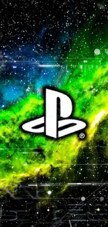 Vibrant neon green and blue galaxy wallpaper with PlayStation logo.