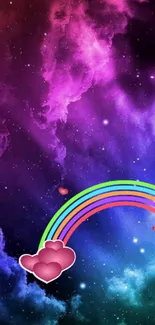 Vibrant galaxy wallpaper with rainbow and hearts.