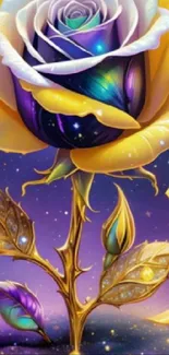 Vibrant galaxy-themed rose with cosmic colors and a gold hue.