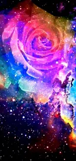 Vibrant cosmic rose with galaxy background for mobile wallpaper.