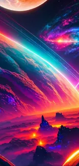 Vibrant sci-fi galaxy wallpaper with colorful planets and nebula.