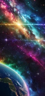 Vibrant galaxy wallpaper with Earth and colorful cosmos background.