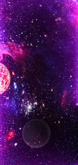 Vibrant galaxy with planets in space, filled with purple and pink hues.