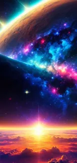 Vibrant galaxy space wallpaper with colorful cosmic scenery and planets.