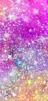 Bright pink and purple galaxy sparkle wallpaper with stars and shimmering effects.