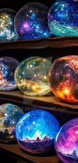Vibrant galaxy spheres on shelves with cosmic colors.