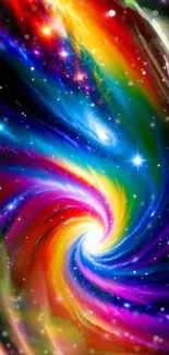 Vibrant galaxy spiral wallpaper with cosmic colors and stars.