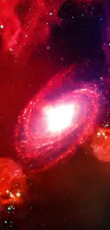 Vibrant red galaxy with nebula, stars, and cosmic elements.