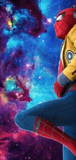 Superhero in front of a colorful galaxy background.