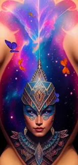 Vibrant galaxy tattoo on back with colorful cosmic elements.