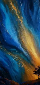 Silhouette tree under vibrant starry sky with swirling colors.