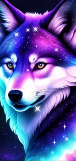 Vibrant cosmic wolf in neon hues against a galaxy background.