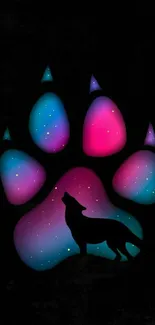 Colorful galaxy-themed wolf paw print mobile wallpaper with starry accents.