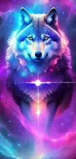 Galaxy wolf with vibrant cosmic background in purple and blue tones.