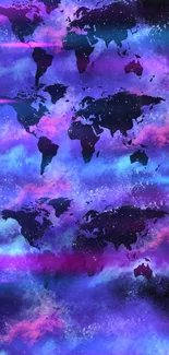 Purple galaxy world map wallpaper with vibrant cosmic colors.