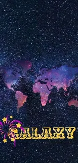 Mobile wallpaper with vibrant galaxy and world map.