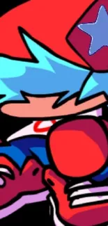 Animated red-capped character with blue hair in vibrant design.