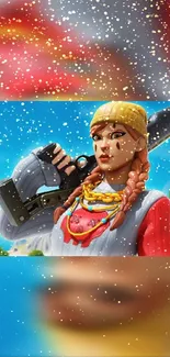 Vibrant game character in snowy landscape wallpaper.